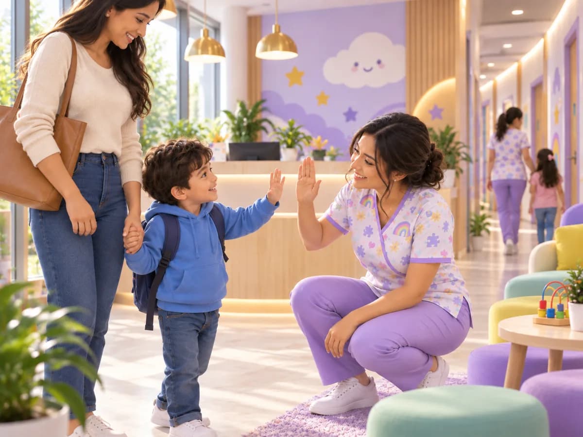 Recepción del centro CINI: una terapeuta da la bienvenida a un niño y a su mamá